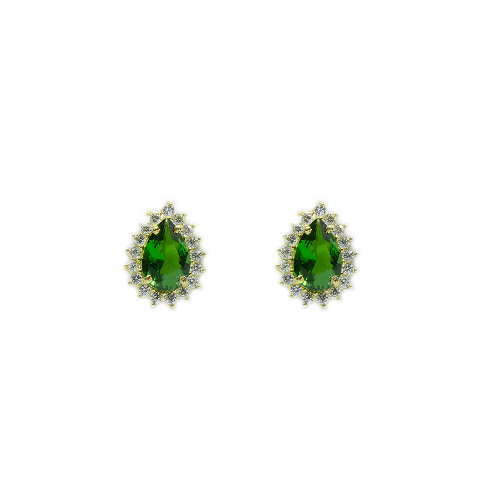 Brinco Gota Verde em Zirc�nias em Ouro 18 Kilates � 25410